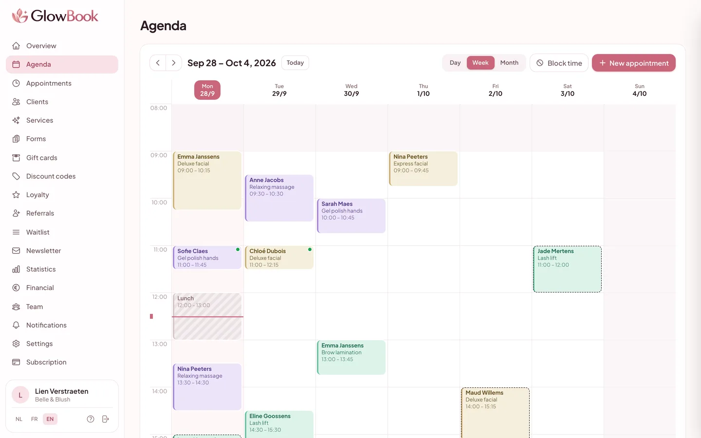 The GlowBook agenda with a week of appointments