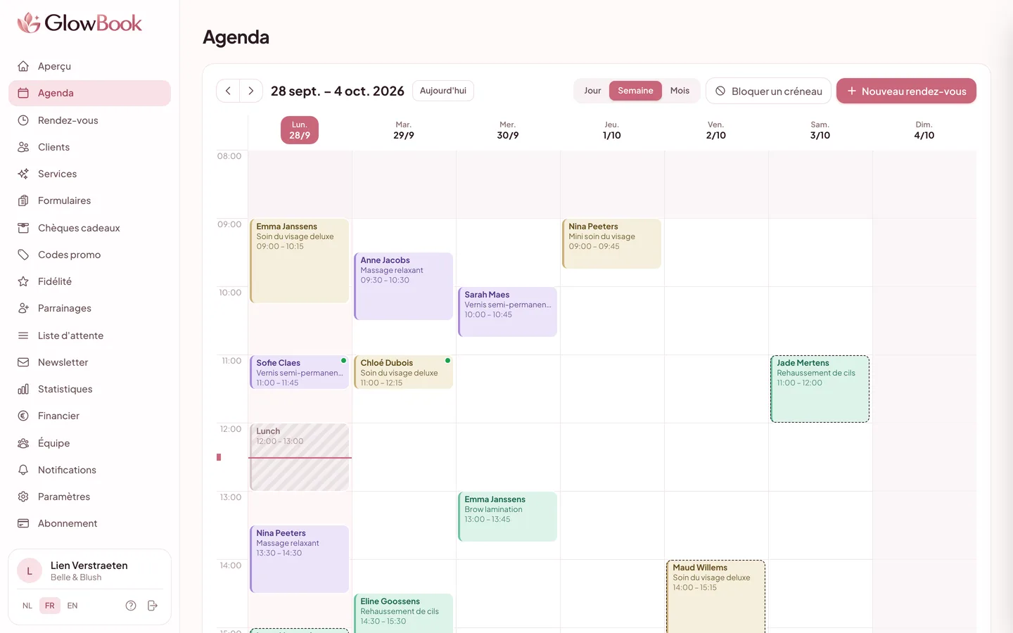 L'agenda GlowBook avec une semaine de rendez-vous