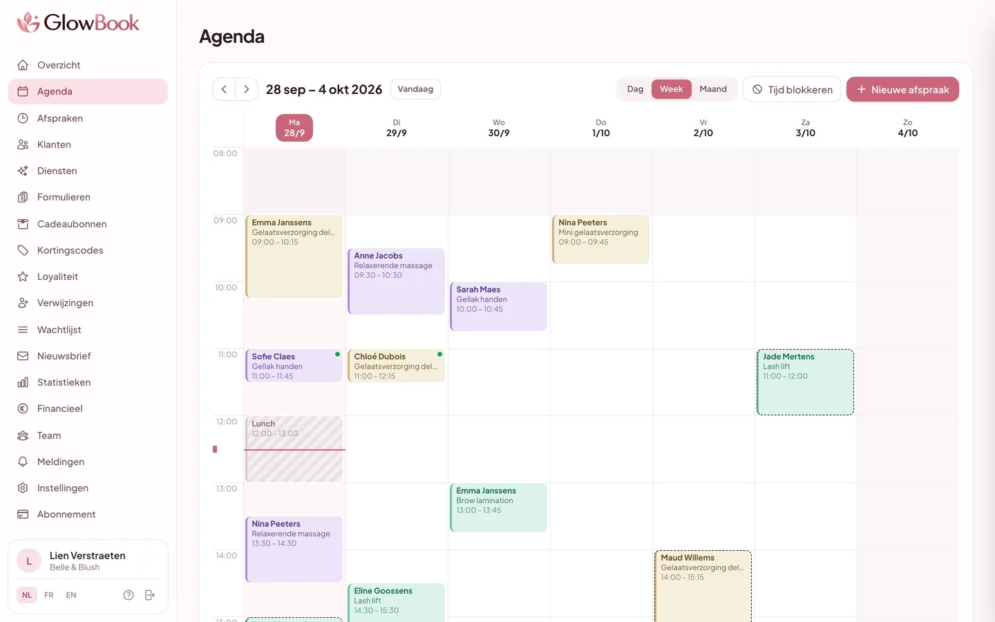 De GlowBook-agenda met een week aan afspraken