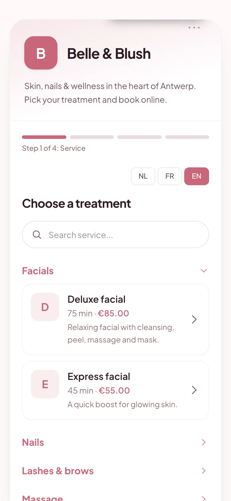 A salon's GlowBook booking page on a smartphone