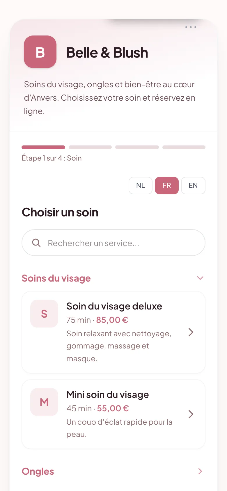 La page de réservation d'un salon sur GlowBook, sur smartphone
