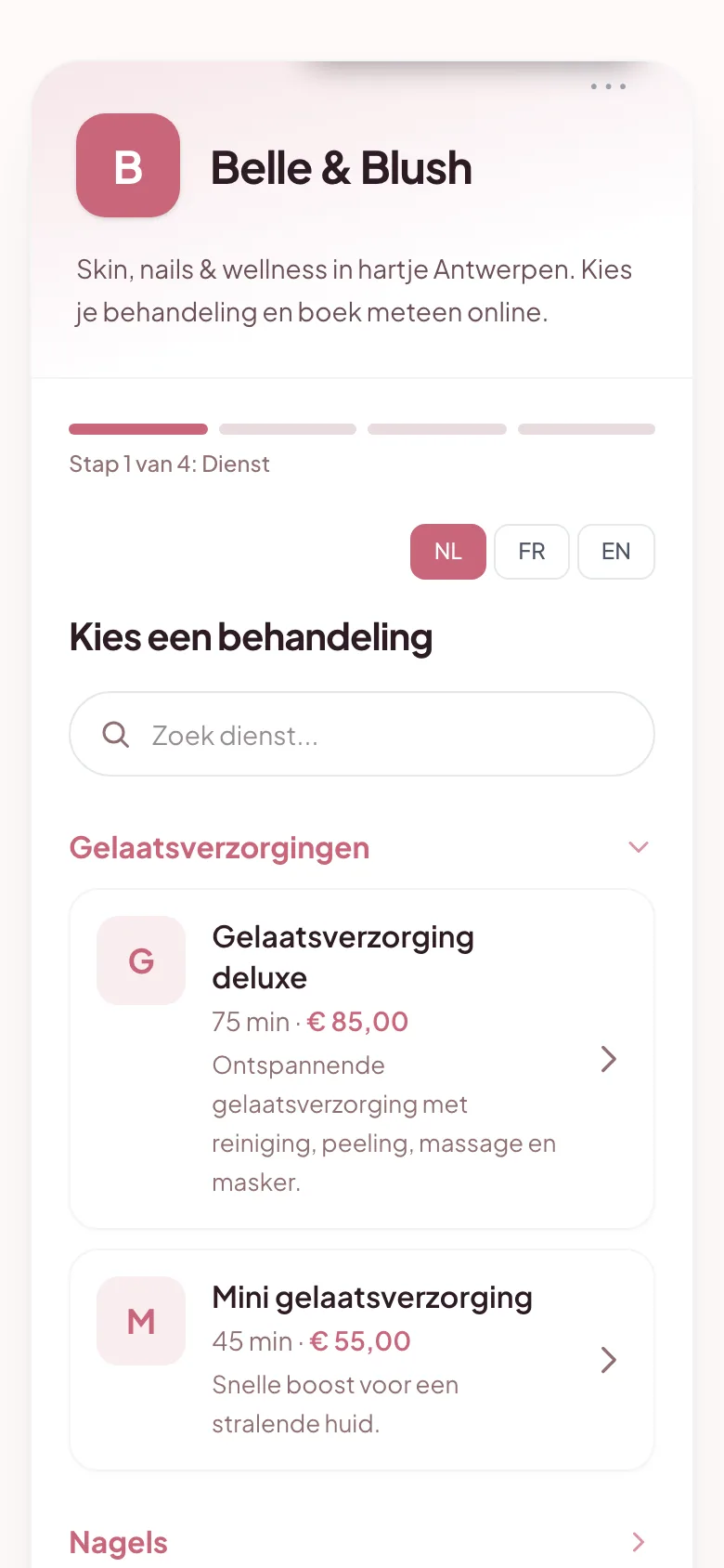 Een boekingspagina van een salon op GlowBook, op een smartphone
